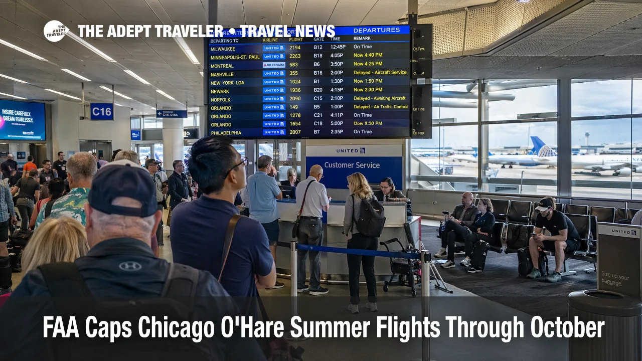 Chicago O'Hare summer flight cap shown by travelers watching departure boards in a busy ORD concourse