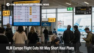 KLM Europe flight cuts shown by travelers waiting at Schiphol departures as short haul cancellation risk rises in May