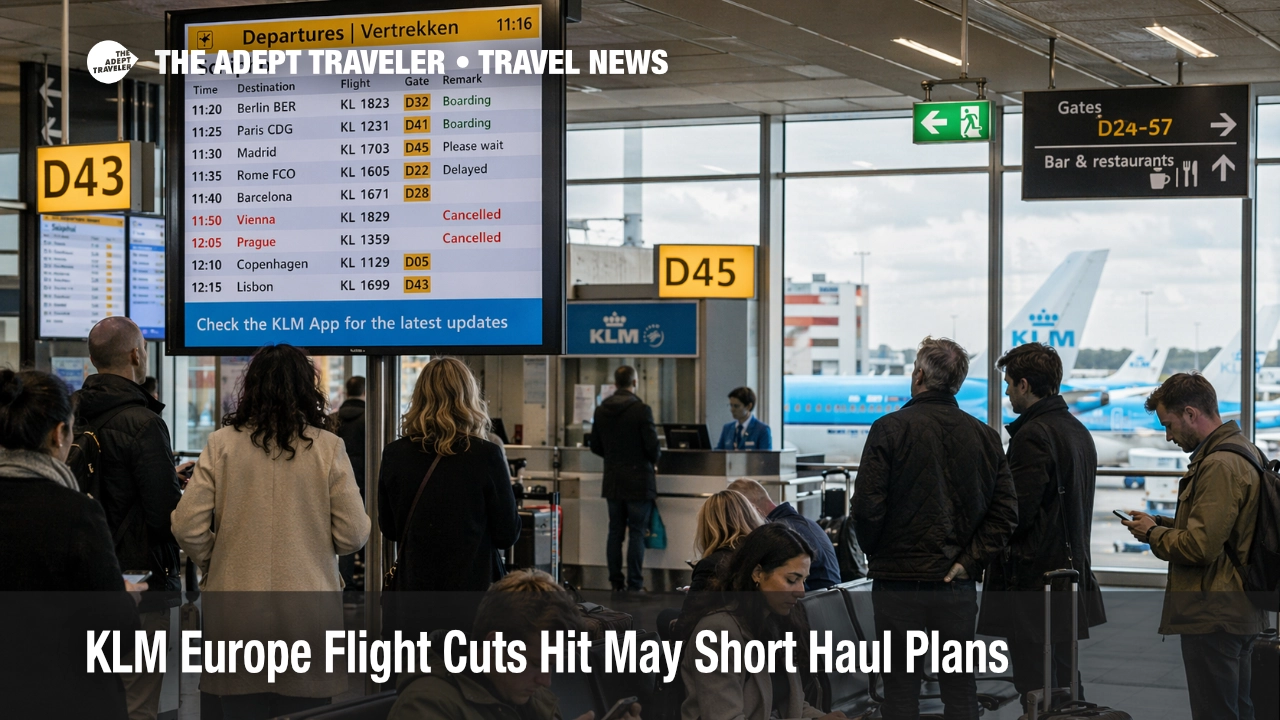 KLM Europe flight cuts shown by travelers waiting at Schiphol departures as short haul cancellation risk rises in May