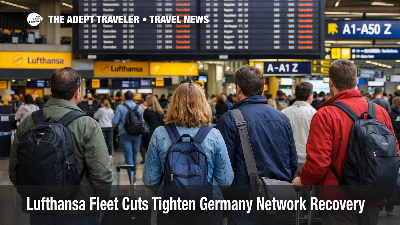 Lufthansa fleet cuts shown by travelers watching departure boards at Frankfurt Airport as Germany hub rebooking slack tightens