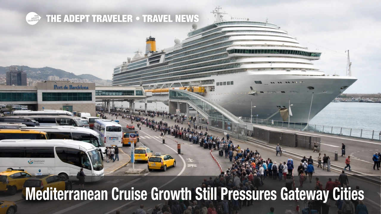 Mediterranean cruise gateway pressure at Barcelona cruise port shows queues, transfers, and embarkation strain on a busy day