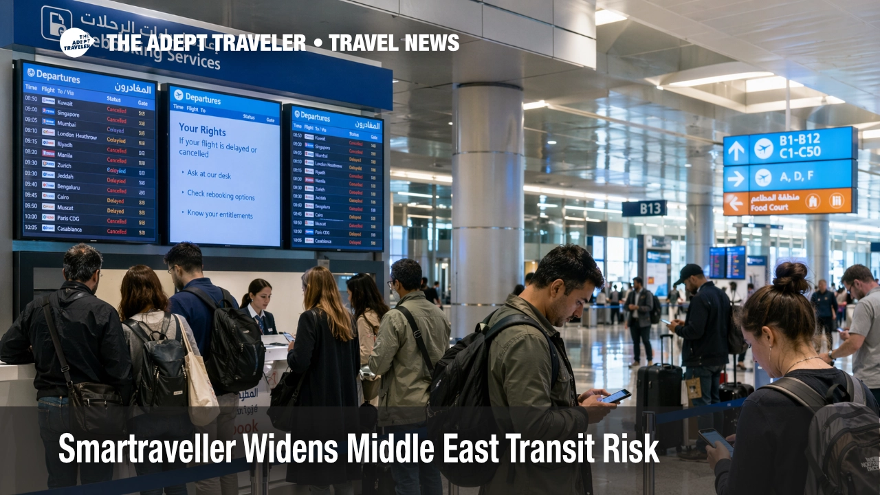 Travelers queue at Dubai airport as Middle East transit risk and wider flight disruption reshape layover decisionsMiddle East