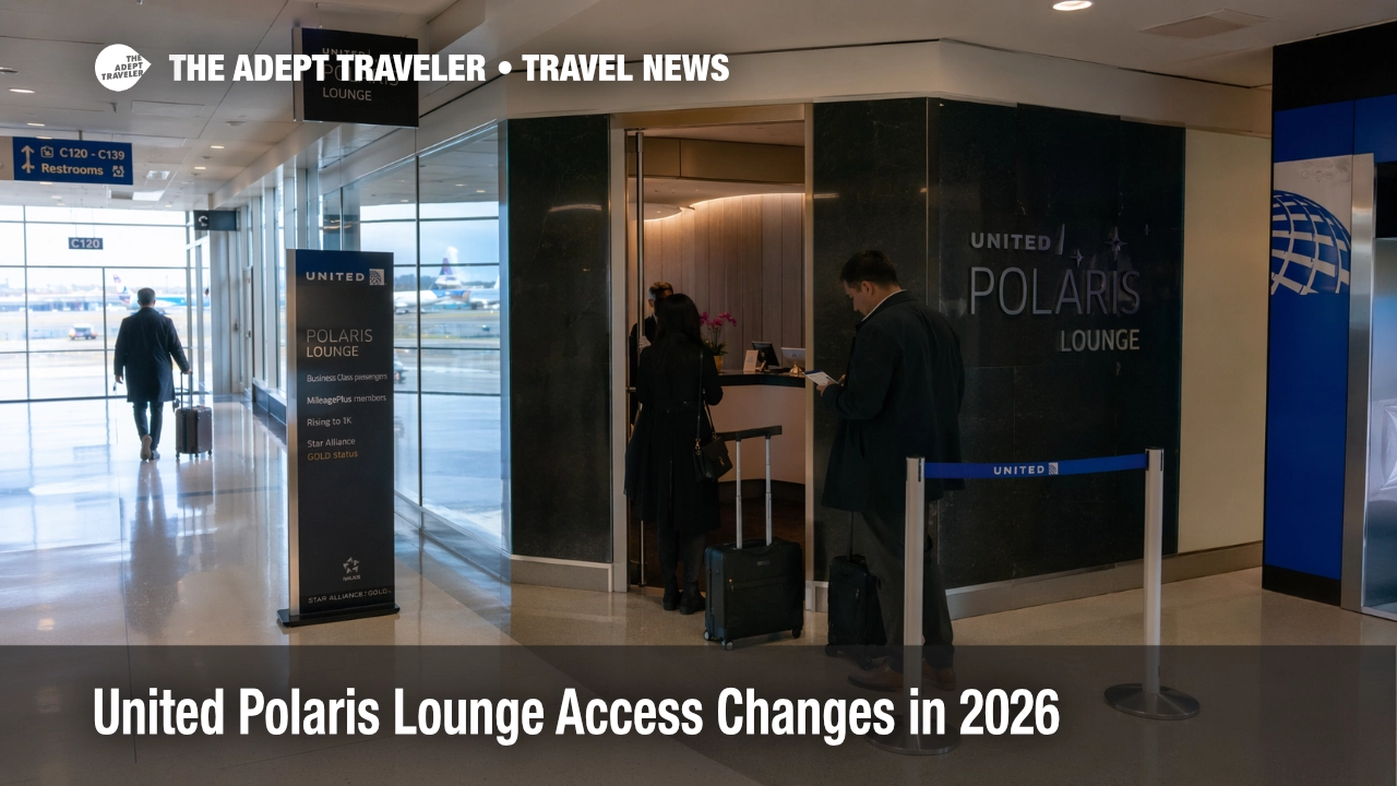 Travelers near a premium lounge entrance at Newark illustrate United Polaris lounge access changes in 2026