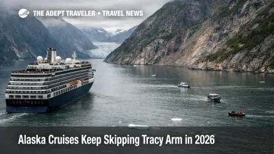 Alaska cruises skipping Tracy Arm shown by a ship holding outside the fjord under overcast Southeast Alaska skies