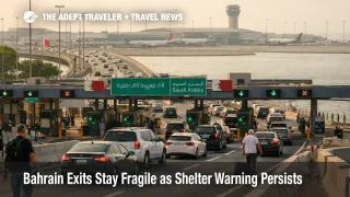Bahrain exit planning scene shows slow King Fahd Causeway traffic as limited flight options keep departures fragile