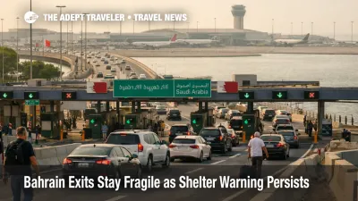 Bahrain exit planning scene shows slow King Fahd Causeway traffic as limited flight options keep departures fragile