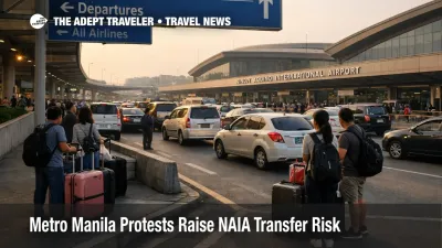 NAIA transfer risk shows slow airport access traffic and waiting travelers outside Manila airport terminals