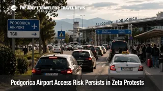 Podgorica airport access risk shown by slow traffic near the Zeta approach road to Podgorica Airport in Montenegro