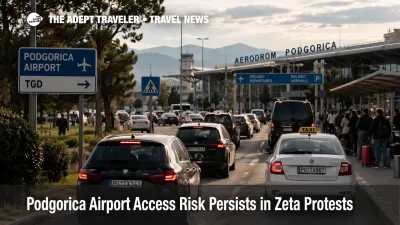Podgorica airport access risk shown by slow traffic near the Zeta approach road to Podgorica Airport in Montenegro