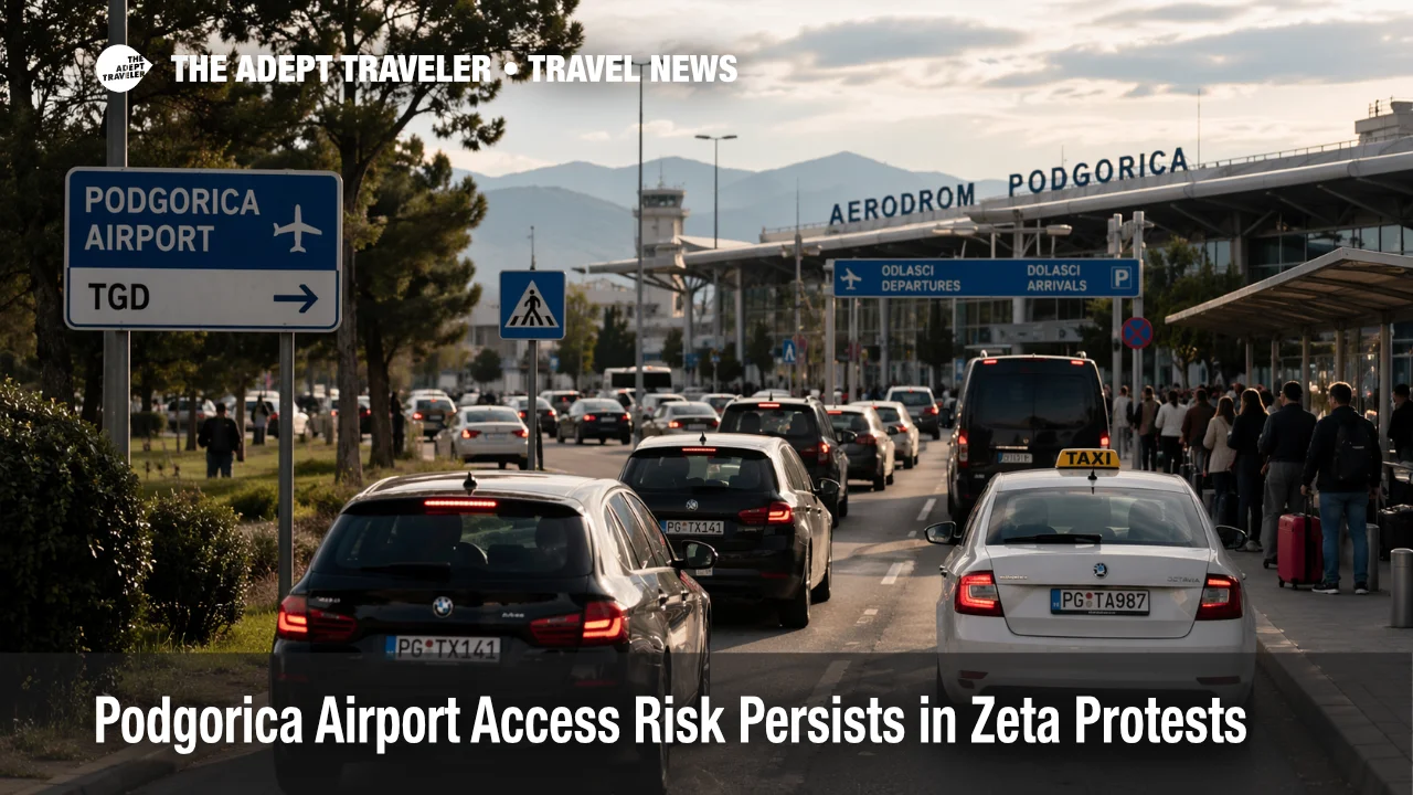 Podgorica airport access risk shown by slow traffic near the Zeta approach road to Podgorica Airport in Montenegro