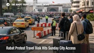 Rabat protest travel risk on Mohammed V Avenue slows central transfers near Rabat Ville station on April 19
