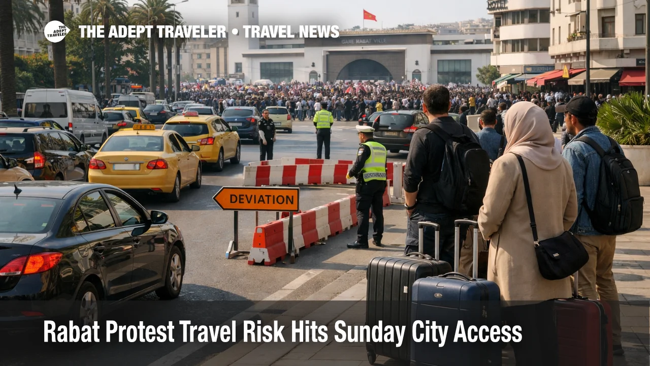 Rabat protest travel risk on Mohammed V Avenue slows central transfers near Rabat Ville station on April 19