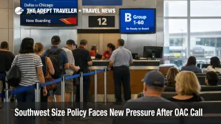 Southwest size policy shown at Dallas Love Field with travelers queueing at a gate under assigned seating rules