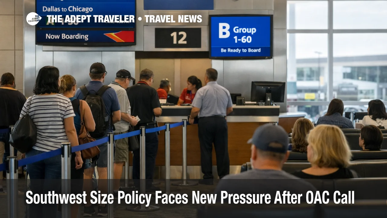 Southwest size policy shown at Dallas Love Field with travelers queueing at a gate under assigned seating rules