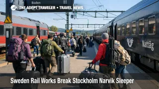Stockholm Narvik sleeper travelers change trains at Boden during northern Sweden rail works in summer 2026