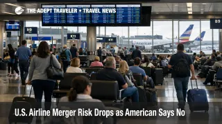 U.S. airline merger risk scene at Chicago O'Hare as travelers watch departures in a busy hub terminal