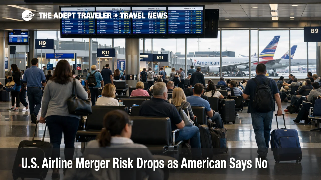 U.S. airline merger risk scene at Chicago O'Hare as travelers watch departures in a busy hub terminal