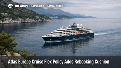 Atlas Europe cruise flex policy illustrated by a small expedition yacht sailing the Mediterranean under soft overcast skies