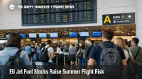 Europe summer flight risk shown by travelers at Brussels Airport departure screens as EU jet fuel contingency planning grows