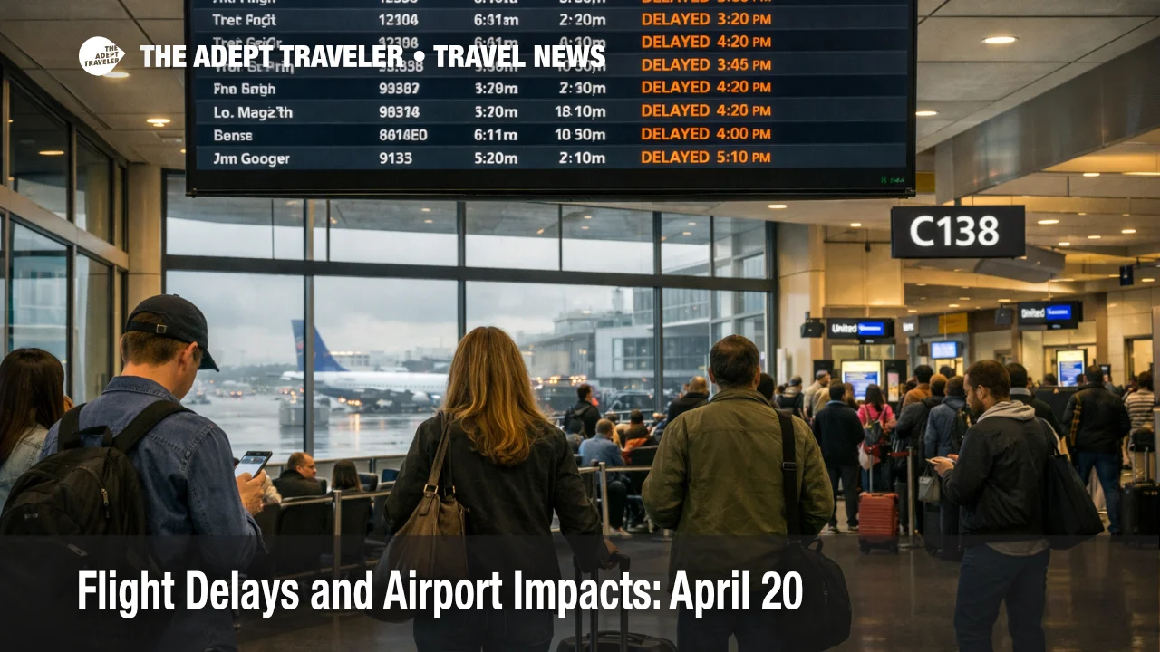 April 20 flight delays at Newark show travelers waiting under departure boards as low clouds slow New York hub traffic