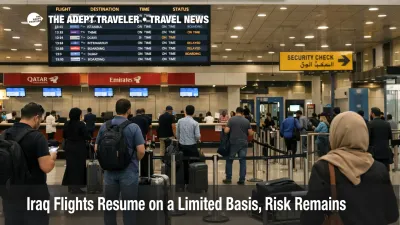 Baghdad airport departures hall shows Iraq limited commercial flights resuming under a reduced, still fragile operating picture