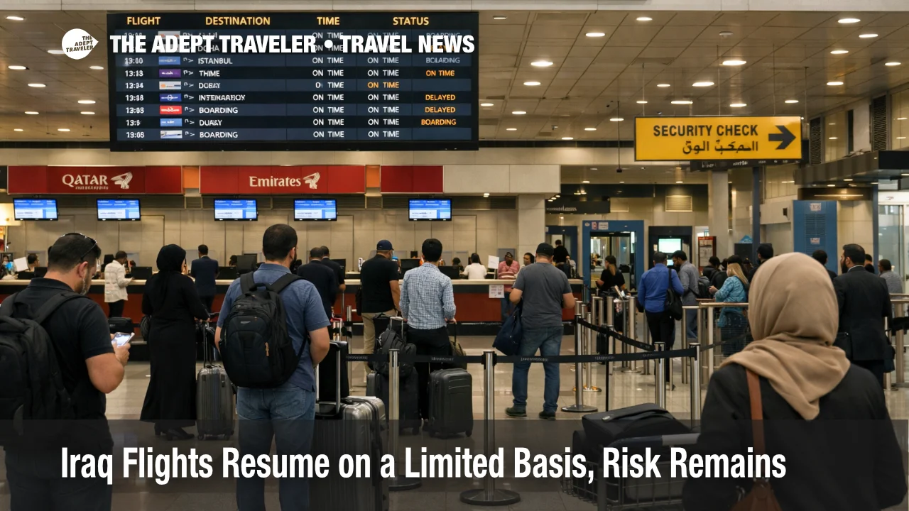 Baghdad airport departures hall shows Iraq limited commercial flights resuming under a reduced, still fragile operating picture