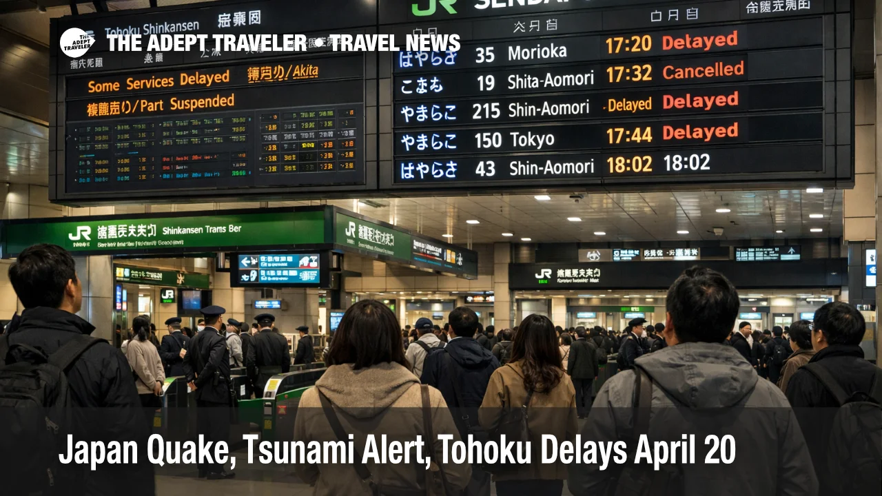 Japan earthquake tsunami travel disruption at JR Sendai Station as travelers face post quake rail delays on April 20