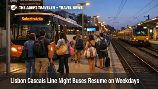 Lisbon Cascais line night buses at a coastal station show late rail replacement service affecting evening returns to Cascais