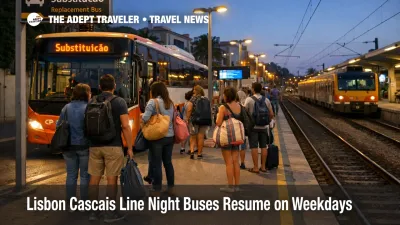 Lisbon Cascais line night buses at a coastal station show late rail replacement service affecting evening returns to Cascais