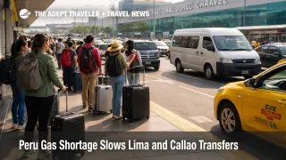 Peru gas shortage transfers slow pickups outside Jorge Chávez International Airport in Callao as travelers queue with luggage.