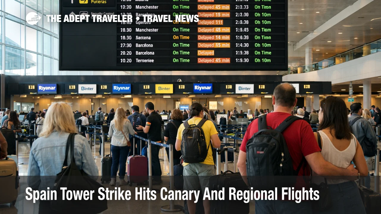 Spain tower strike flights shown by Lanzarote Airport queues and delay screens as Canary departures face disruption