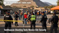 Teotihuacán pyramids shooting aftermath with police and controlled visitor access at the Mexico archaeological site