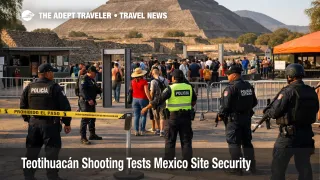 Teotihuacán pyramids shooting aftermath with police and controlled visitor access at the Mexico archaeological site