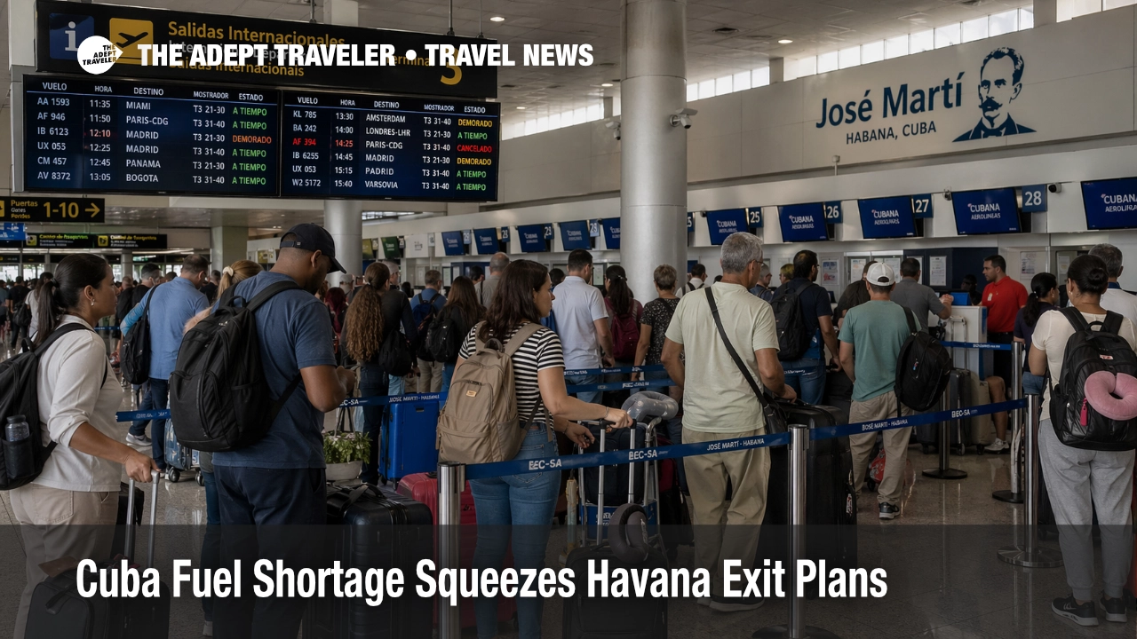Havana airport queues at Terminal 3 show Cuba fuel shortage pressure and tighter international departure options