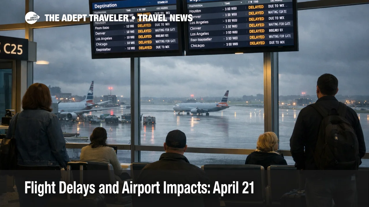 April 21 flight delays shown at Dallas Fort Worth with travelers waiting near gates as stormy weather slows departures