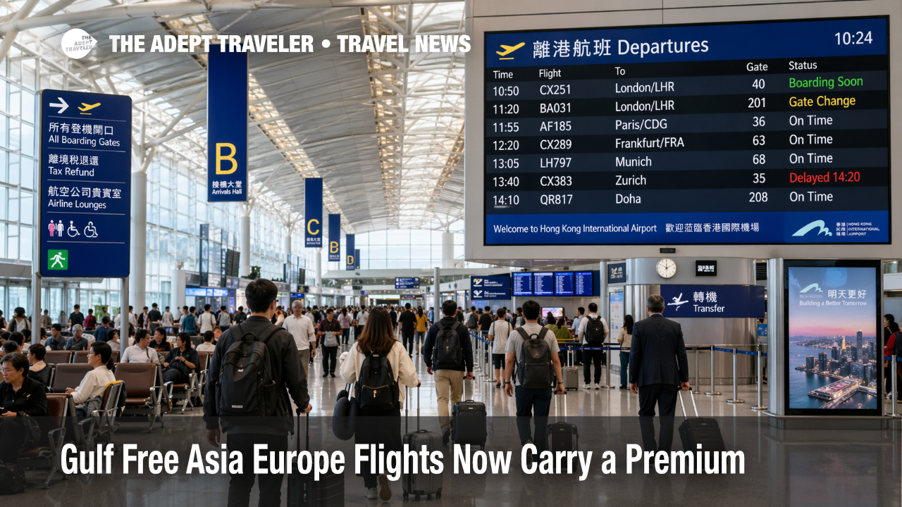 Gulf free Asia Europe flights pressure fills Hong Kong airport as travelers reroute away from Middle Eastern hubs