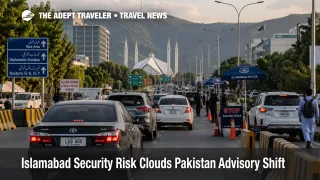 Islamabad security travel risk shown by checkpoint traffic slowing city movement near hotels and key routes in the capital