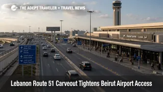 Beirut airport access scene near BEY shows controlled traffic on the Route 51 corridor after Lebanon advisory changes