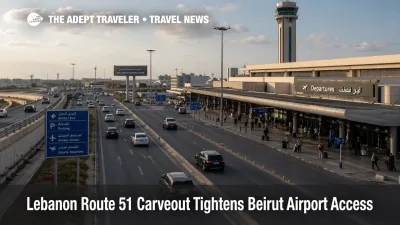 Beirut airport access scene near BEY shows controlled traffic on the Route 51 corridor after Lebanon advisory changes
