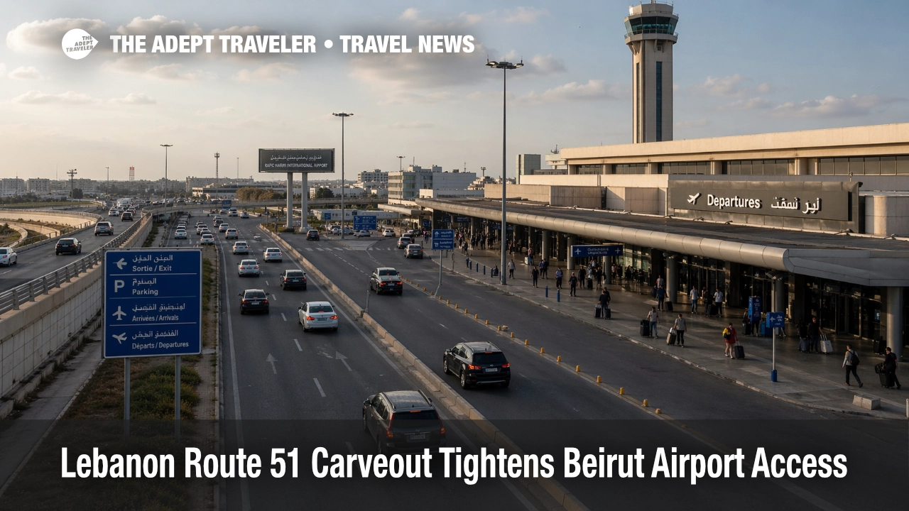 Beirut airport access scene near BEY shows controlled traffic on the Route 51 corridor after Lebanon advisory changes