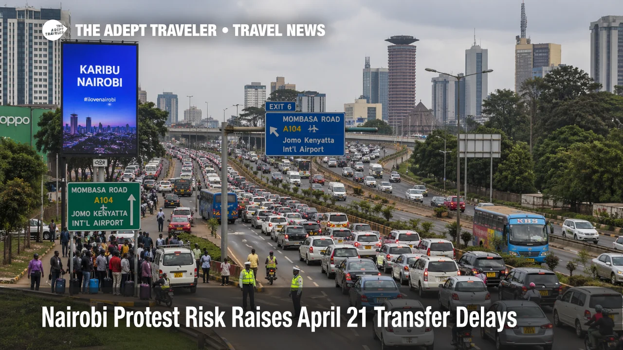 Nairobi protest travel risk visible in heavy city traffic that could delay April 21 airport transfers to NBO