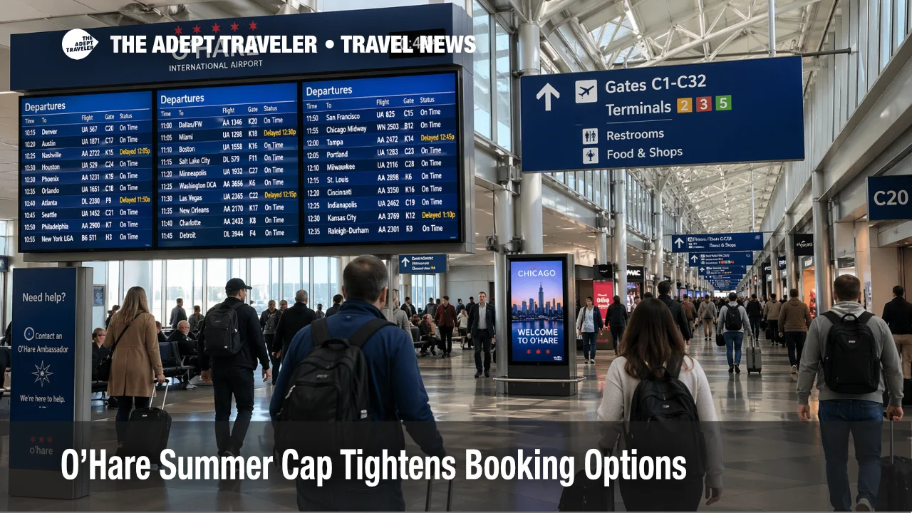 O'Hare summer flight cap shown by travelers under ORD departure boards as thinner summer backup options come into focus