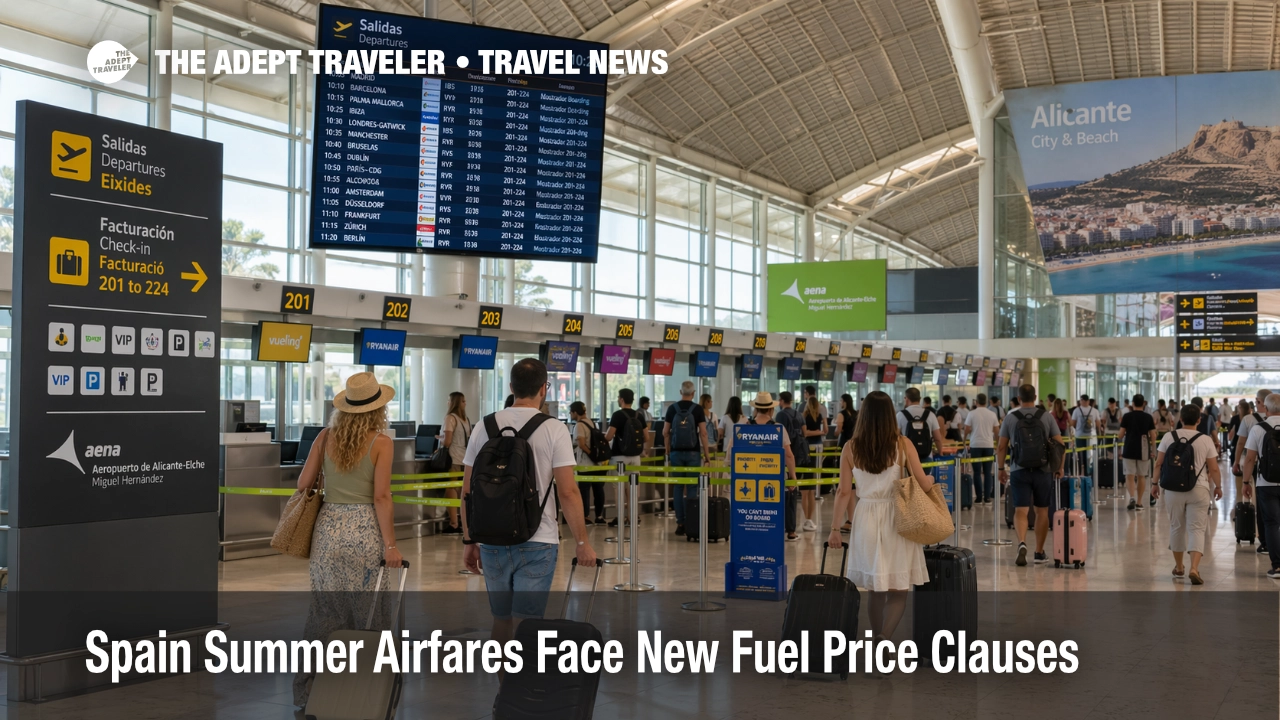 Spain summer airfares at Alicante Airport as travelers queue under departure screens during peak season booking pressure
