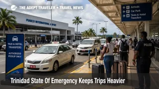 Trinidad state of emergency seen in a controlled Piarco airport pickup scene with tighter transfer planning cues