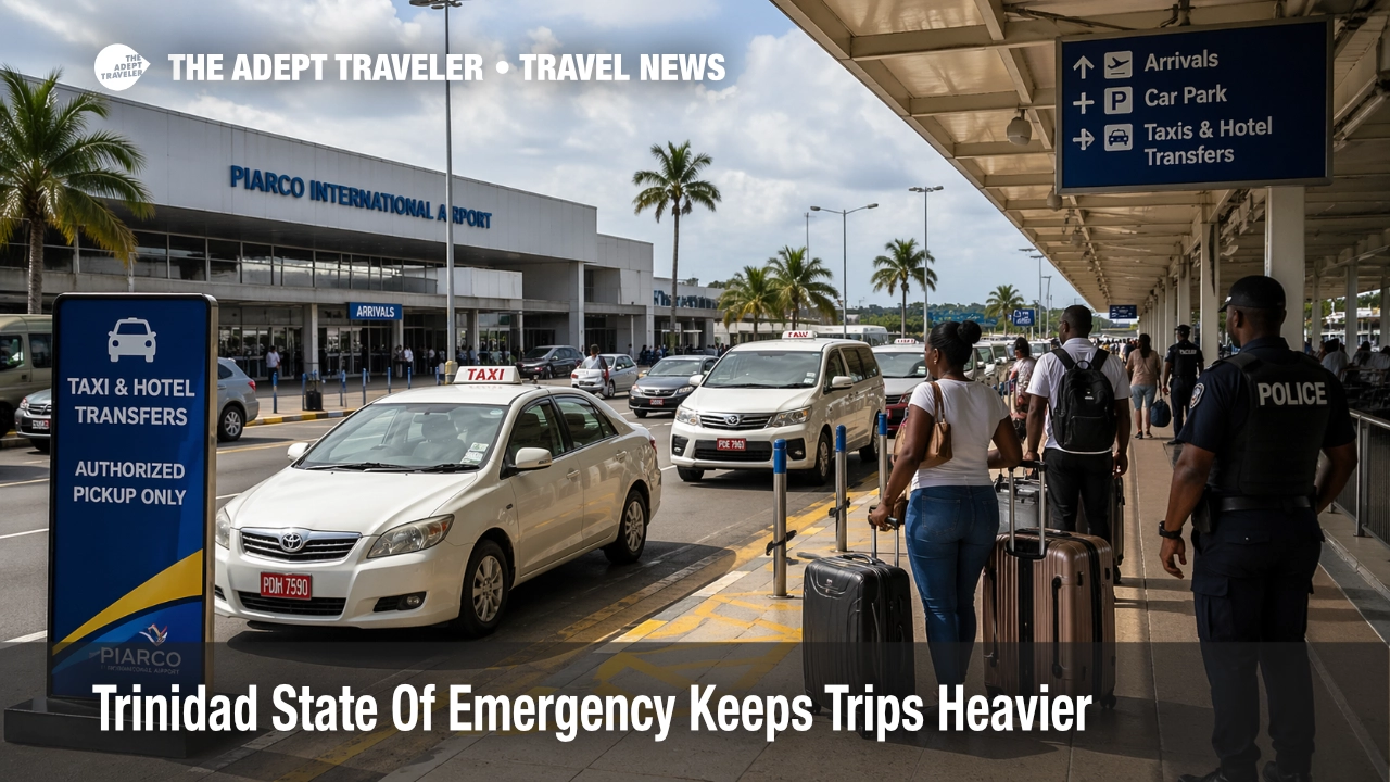 Trinidad state of emergency seen in a controlled Piarco airport pickup scene with tighter transfer planning cues