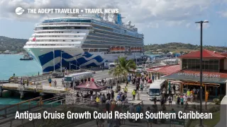 Antigua cruise growth at Antigua Cruise Port, with a large ship, terminal activity, and travelers on an active turnaround day