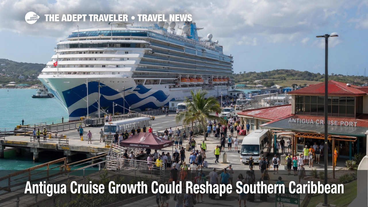 Antigua cruise growth at Antigua Cruise Port, with a large ship, terminal activity, and travelers on an active turnaround day