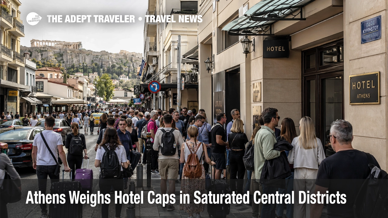 Crowded central Athens streets and hotel entrances show the pressure behind the Athens hotel permit cap debate
