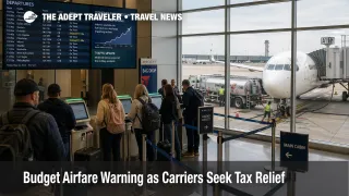 Budget airfare pressure at a U.S. airport check in area as travelers queue near kiosks and an aircraft is fueled outside
