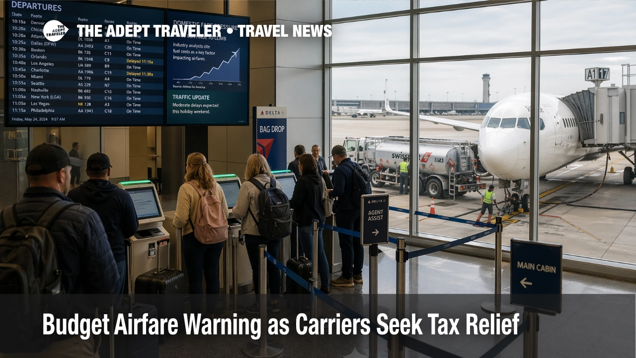Budget airfare pressure at a U.S. airport check in area as travelers queue near kiosks and an aircraft is fueled outside